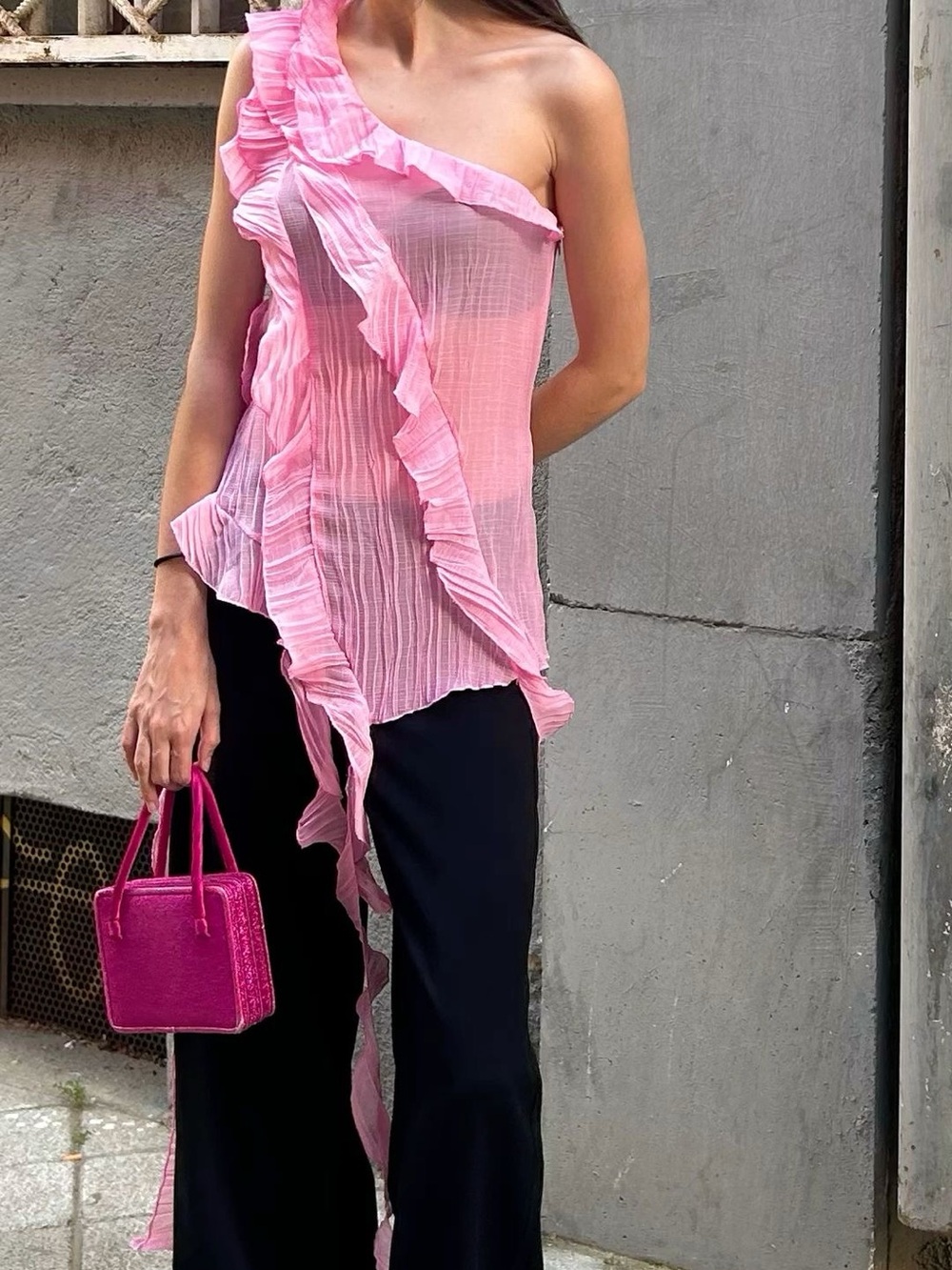 One Shoulder Asymmetrical Ruffle Top - Picture 1 of 6